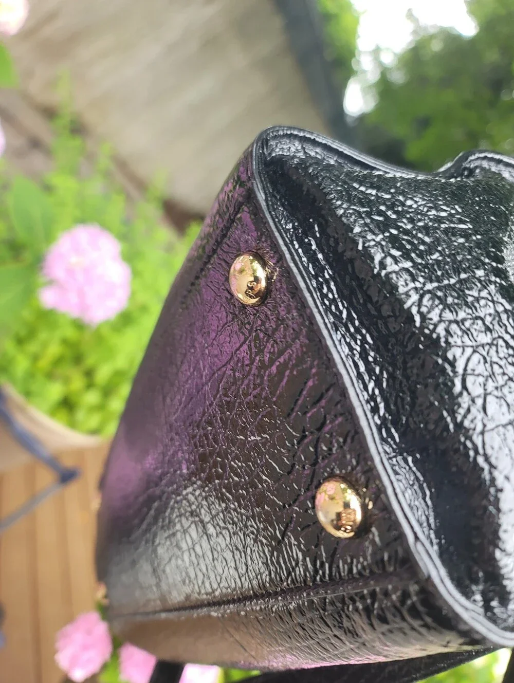 MK Black Patent Leather Tote Handbag with Gold Hardware